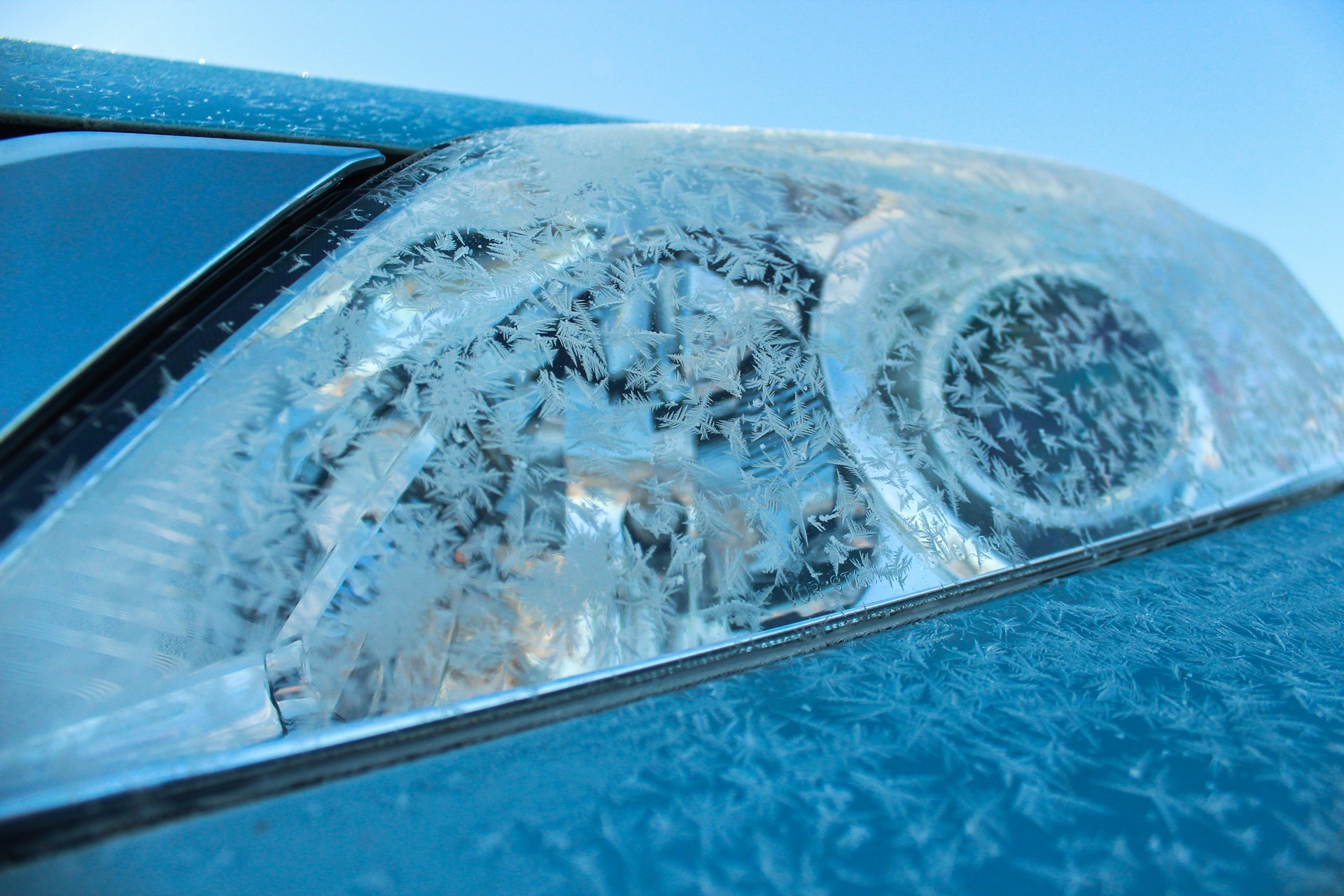 冬の洗車後、結露で水滴が浮かぶ車のボディ